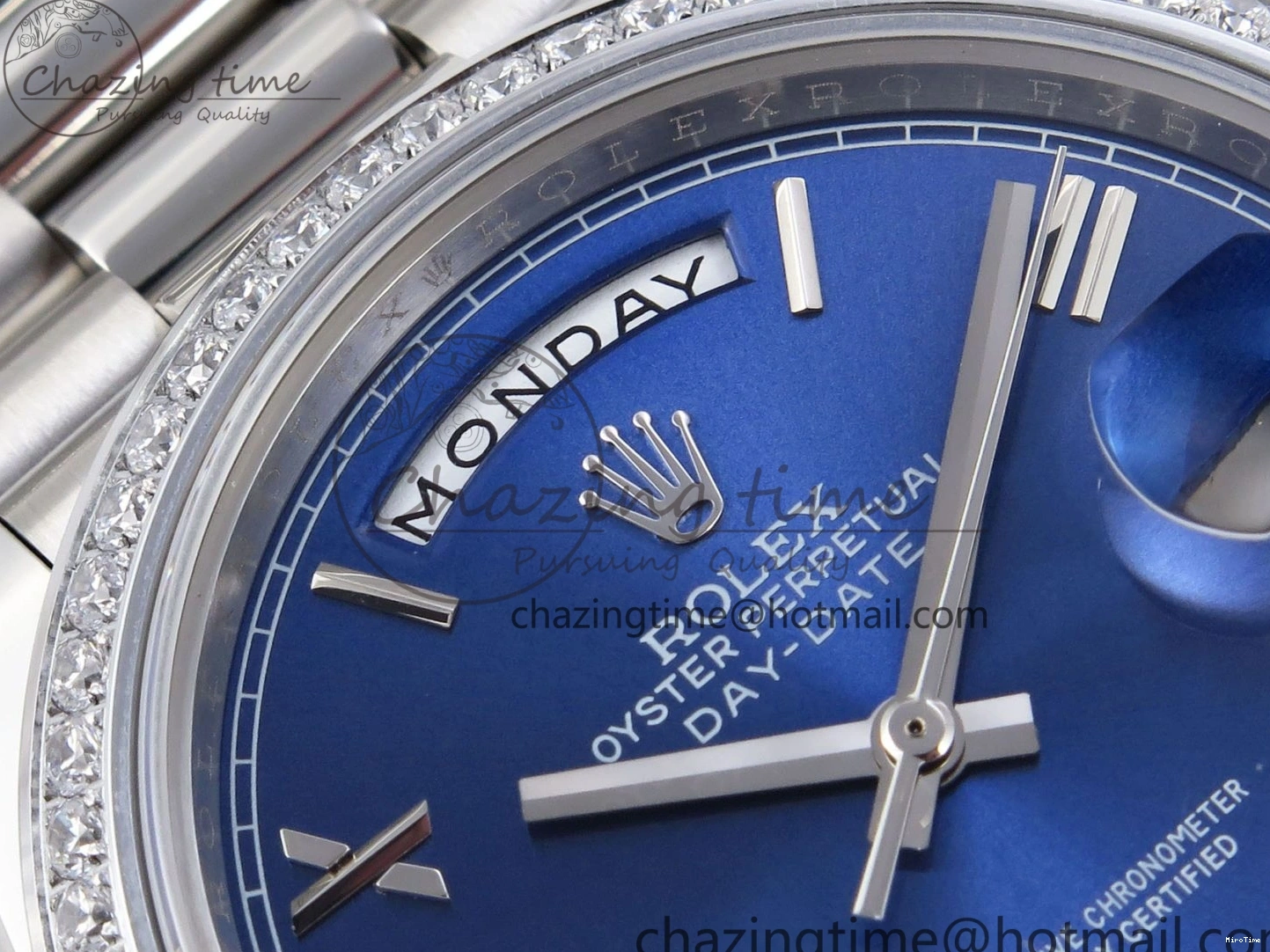 MiroTime 0523 QuickDry DayDate 40 SS GSF Gain Weight Blue Roman Dial Diamonds Bezel on President Bracelet A 1917